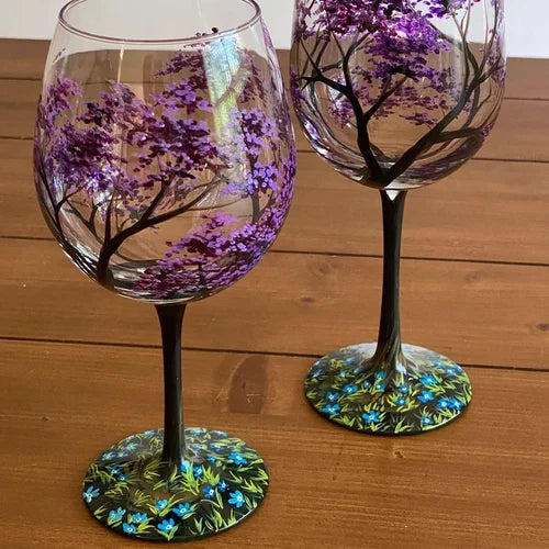 Hand Painted Four Seasons Tree Wine Glass Set