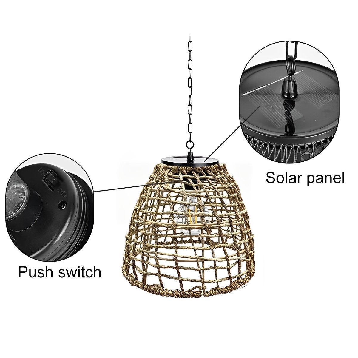 Outdoor Solar Bell Pendant Light with Rattan Iron Shade