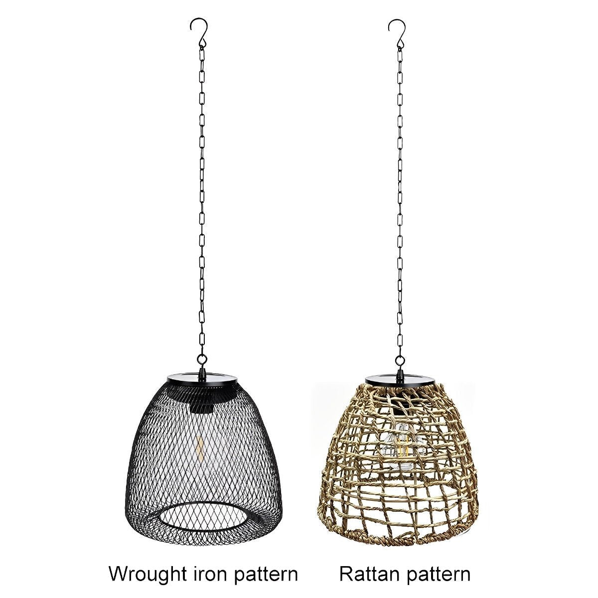Outdoor Solar Bell Pendant Light with Rattan Iron Shade