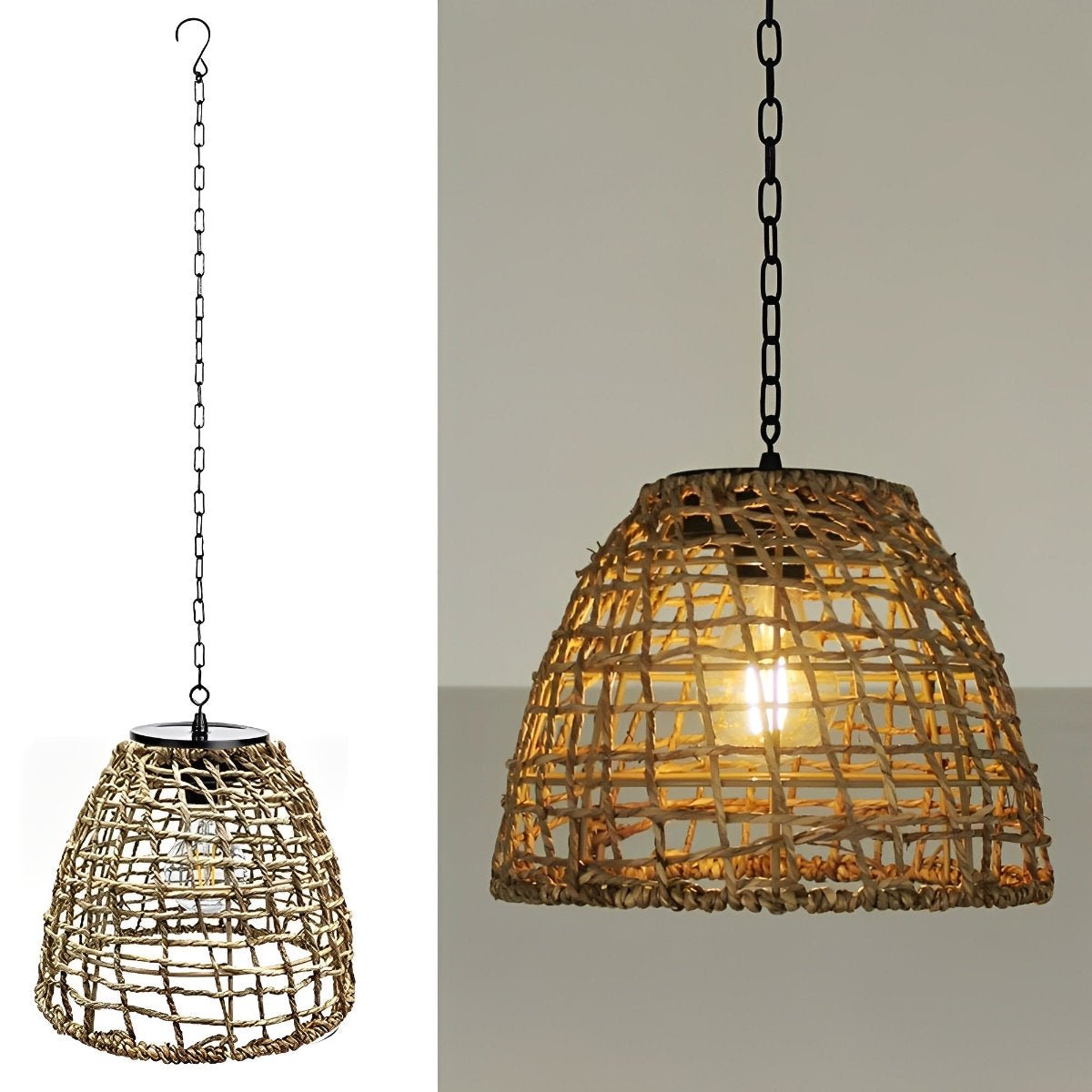 Outdoor Solar Bell Pendant Light with Rattan Iron Shade