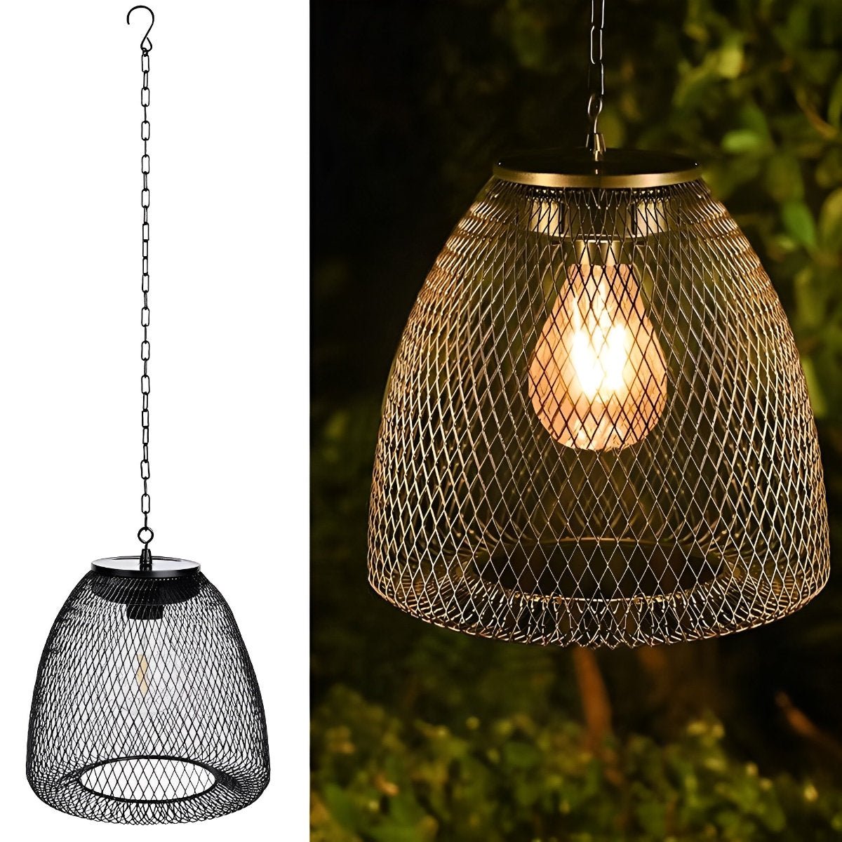 Outdoor Solar Bell Pendant Light with Rattan Iron Shade