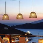Outdoor Solar Bell Pendant Light with Rattan Iron Shade