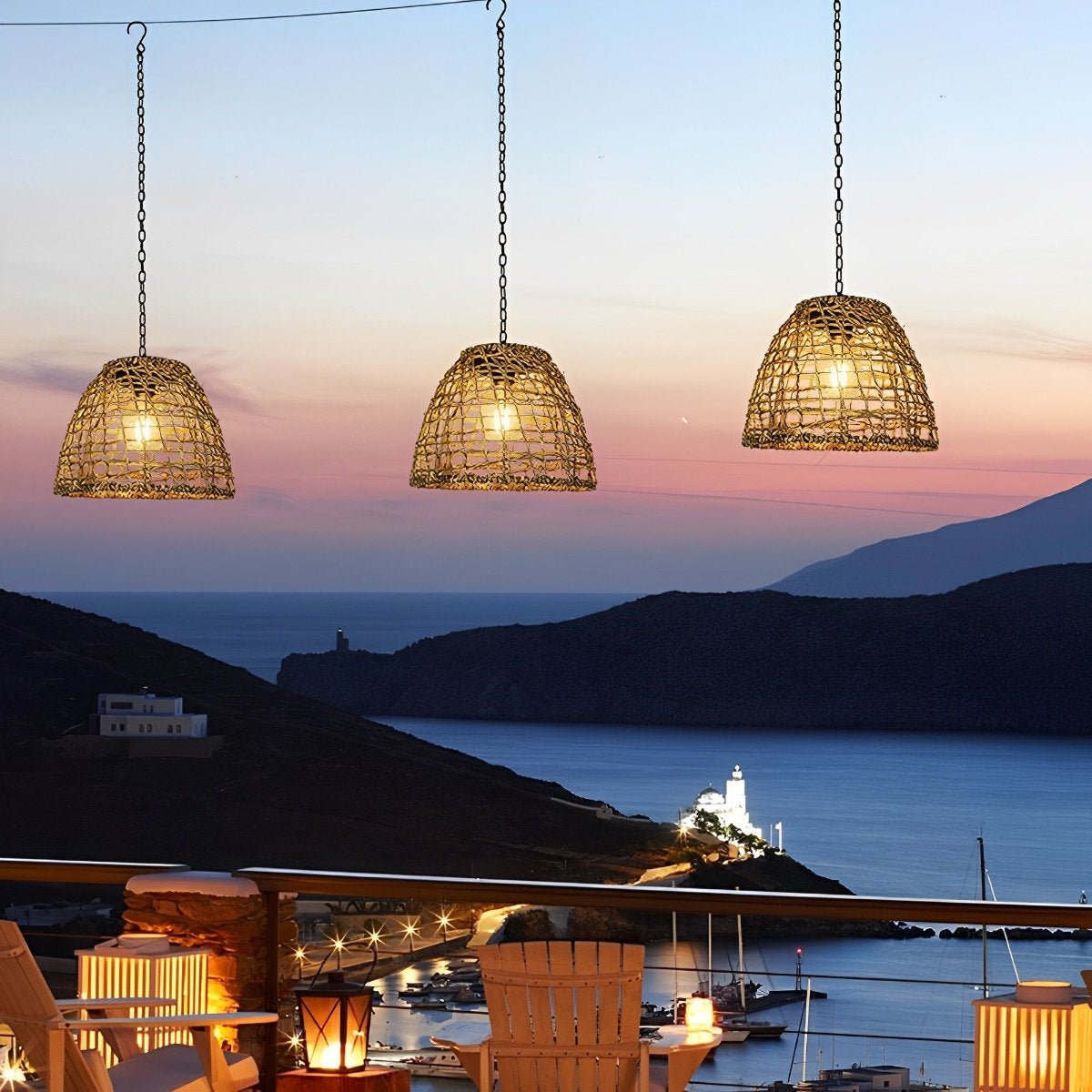 Outdoor Solar Bell Pendant Light with Rattan Iron Shade