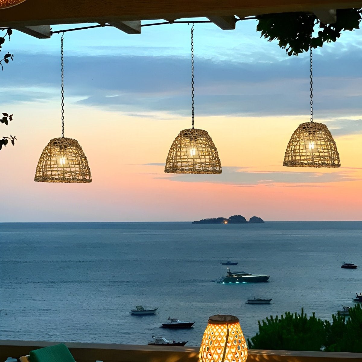 Outdoor Solar Bell Pendant Light with Rattan Iron Shade