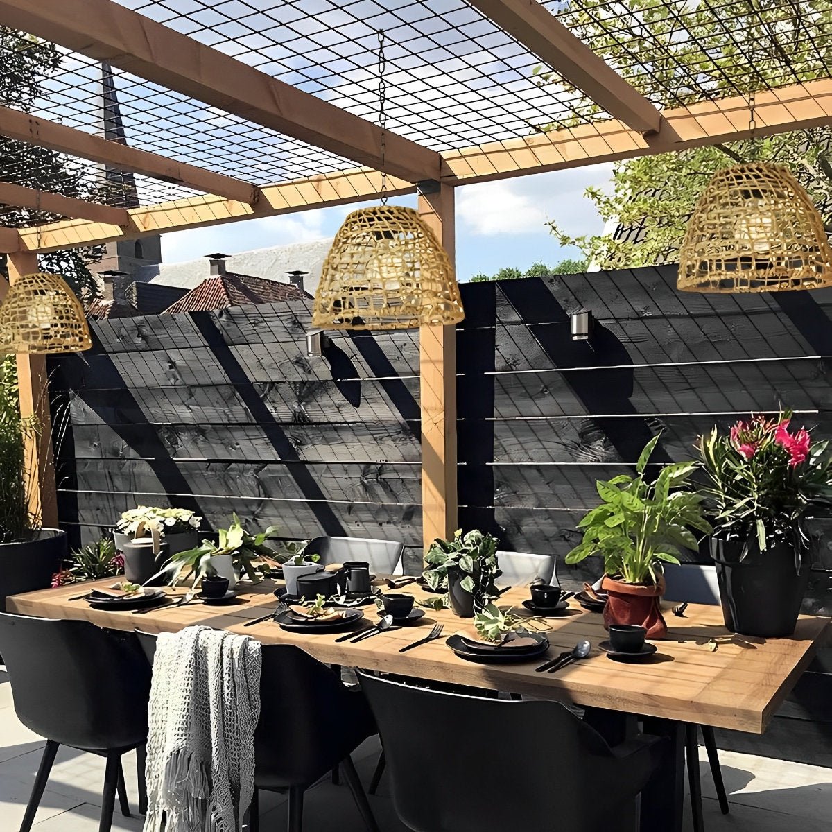 Outdoor Solar Bell Pendant Light with Rattan Iron Shade