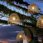 Outdoor Solar Bell Pendant Light with Rattan Iron Shade