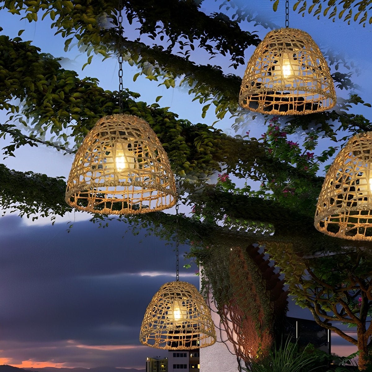 Outdoor Solar Bell Pendant Light with Rattan Iron Shade