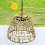 Outdoor Solar Bell Pendant Light with Rattan Iron Shade